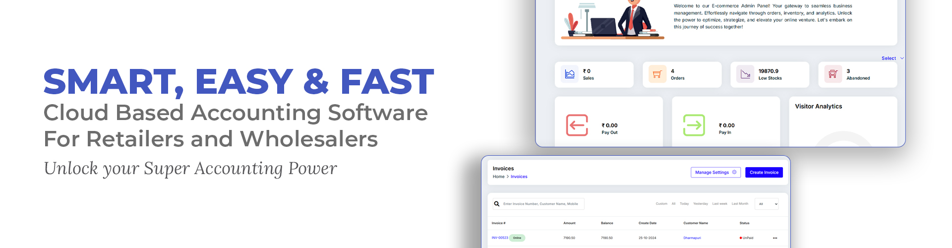 Cloud-based accounting software interface showcasing dashboard, visitor analytics, and invoices, with the tagline 'Smart, Easy & Fast